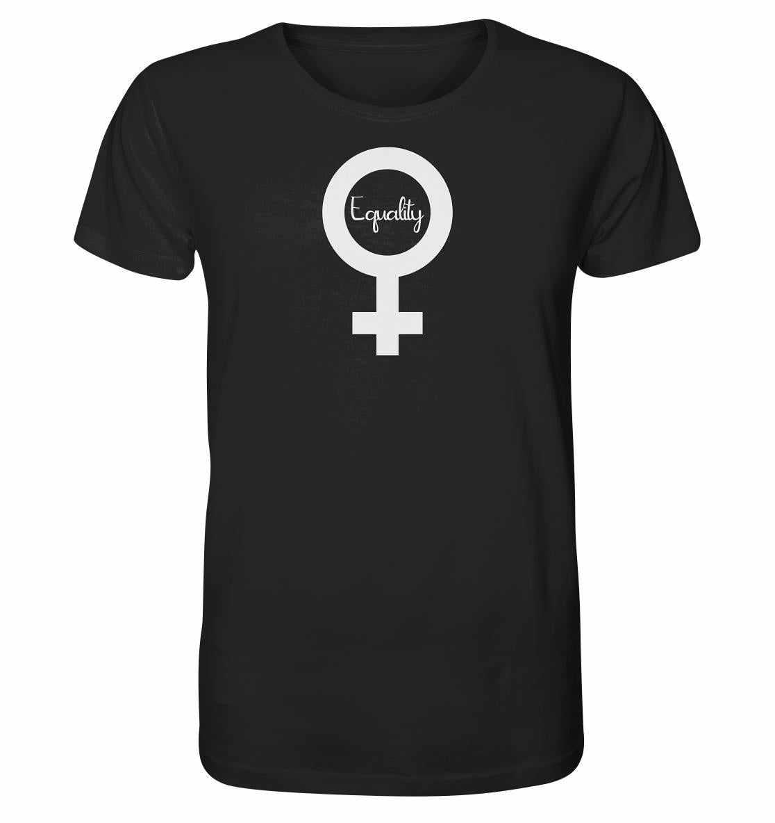 Vegan und Bio Unisex Shirt mit weißem Symbol, unterstützt Gleichberechtigung, aus 100% Bio-Baumwolle, normale Passform, von RUDE REBEL für feministische Anliegen.