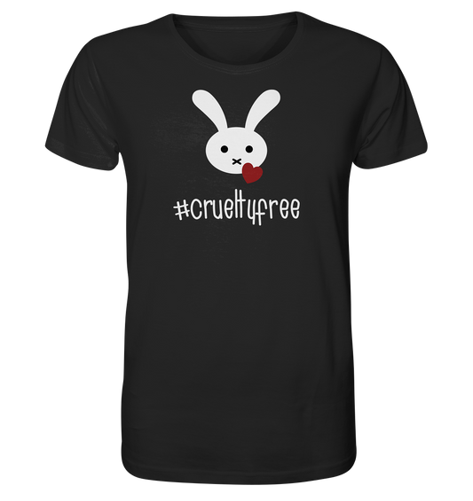 Vegan & Organic Unisex Shirt: Crueltyfree Bunny BIG (weißes süßes Häschen und rotes Herz mit Schriftzug, gegen Tierersuche in der Kosmetikindustrie, Vegan für die Tiere, Veganismus) in schwarz