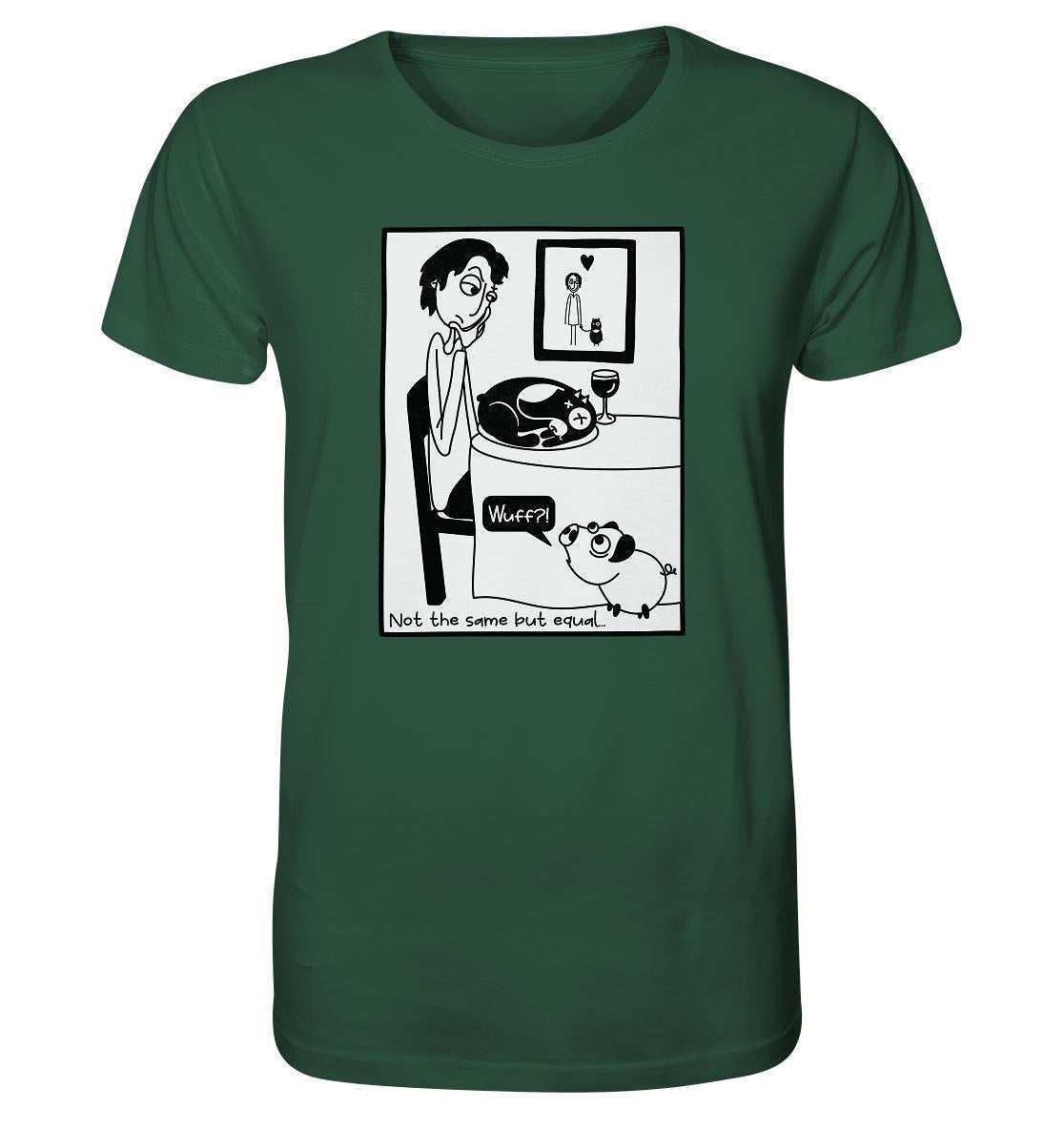 Vegan und Bio Unisex Shirt: Pig vs. Dog - Cartoon eines Schweins und Hundes, ironisch Gleichheit illustrierend, aus Bio-Baumwolle, von RUDE REBEL.
