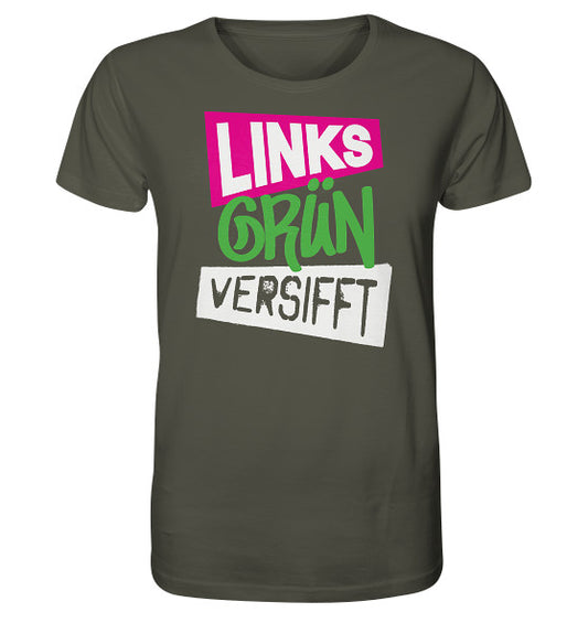 Vegan und Bio Unisex Shirt mit Wir sind Links Grün versifft!-Design, aus 100 % Bio-Baumwolle, normale Passform, graues Shirt mit weißem und pinkem Text.