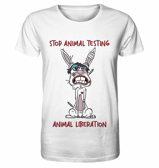 Vegan und Bio Unisex Shirt mit Cartoon-Hase und STOP ANIMAL TESTING!-Botschaft, symbolisiert Tierrechtsaktivismus und nachhaltige Mode.