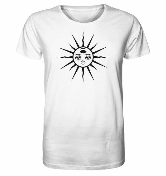 Vegan und Bio Unisex Shirt: The Sun - Third Eye Awakening, weißes Shirt mit schwarzem Ethno-Sonnenmotiv und drei Augen, aus Bio-Baumwolle, normale Passform.