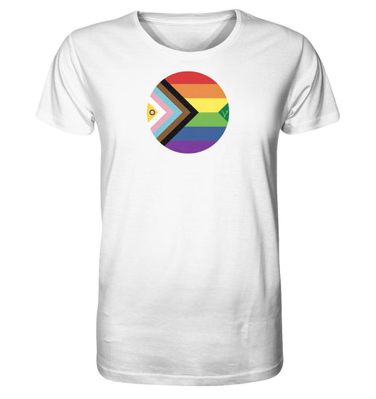 Unisex T-Shirt aus Bio-Baumwolle mit Regenbogenkreis und Fisch; verbindet LGBTQAI+ und Veganismus, nachhaltige Mode von RUDE REBEL.