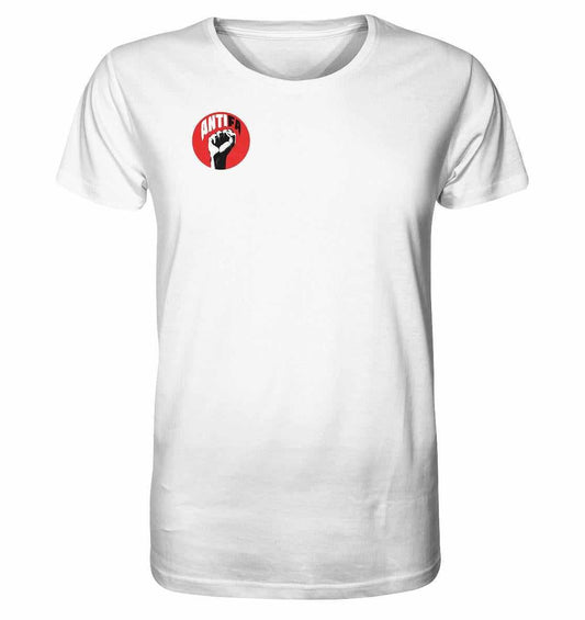 Vegan und Bio Unisex Shirt: Antifa - Gemeinsam gegen Rechts mit rotem und schwarzem Faust-Logo, aus 100% Bio-Baumwolle, symbolisiert Widerstand gegen Hass und Hetze.