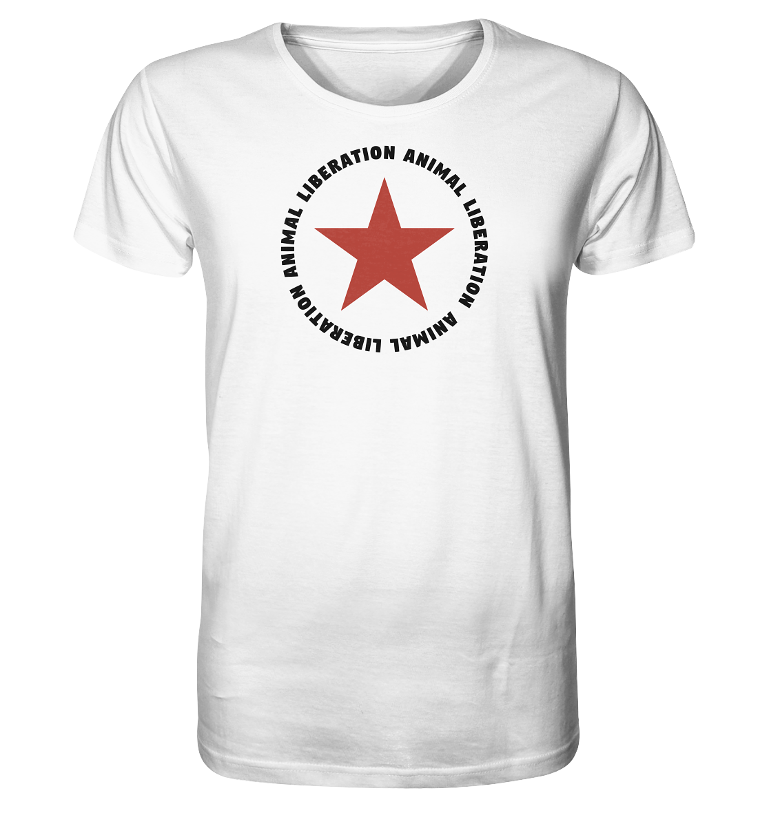 Vegan & Organic Unisex Shirt: Red Star and Animal Liberation (bedruckt mit großem roten Stern und Schriftzug darum, Vegan Merch, Veganismus, Animal Rights) in weiß