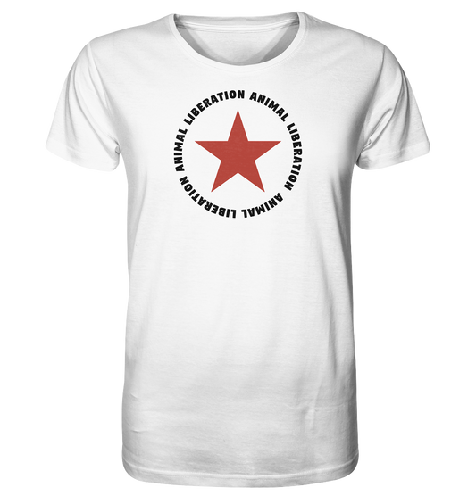 Vegan & Organic Unisex Shirt: Red Star and Animal Liberation (bedruckt mit großem roten Stern und Schriftzug darum, Vegan Merch, Veganismus, Animal Rights) in weiß