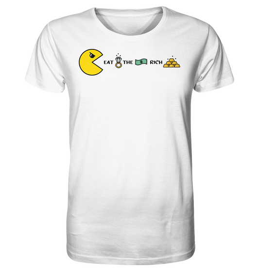 Vegan & Organic Unisex Shirt: PAC-MAN - Eat the rich (bedruckt mit PAC-MAN, der einen Diamantring, Geldschein und Goldbarren + Schriftzug isst, das Design befindet sich zwischen Hals und Brust) auf weiß