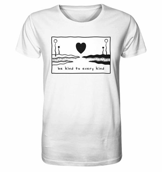 Vegan und Bio Unisex Shirt: Be kind to every kind, weiß mit Herz und Bildmotiv, aus biologischer Baumwolle, symbolisiert Liebe und Frieden für alle Arten.