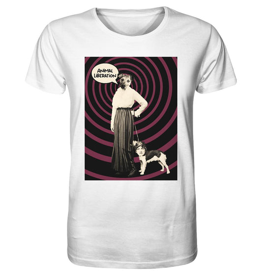 Vegan und Bio Unisex Shirt mit Collage einer Frau und Hund, inspiriert von Tierrechten, aus 100% Bio-Baumwolle.