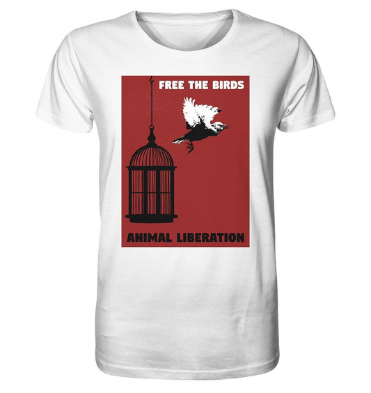 Vegan und Bio Unisex Shirt: Free the birds - Animal Liberation, zeigt einen Vogel, der neben einem Käfig fliegt, symbolisiert Freiheit und Tierrechte.