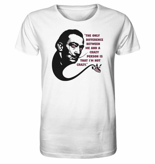 Vegan und Bio Unisex Shirt: Crazy Dali, zeigt Salvador Dalís Gesicht mit Schnurrbart und Pfeife, aus nachhaltiger Bio-Baumwolle, normale Passform, von RUDE REBEL.