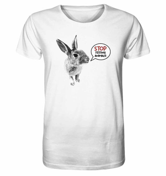 Vegan und Bio Unisex Shirt mit Häschenmotiv und Aufschrift STOP ANIMAL TESTING!, aus 100% Bio-Baumwolle, propagiert Tierrechte.