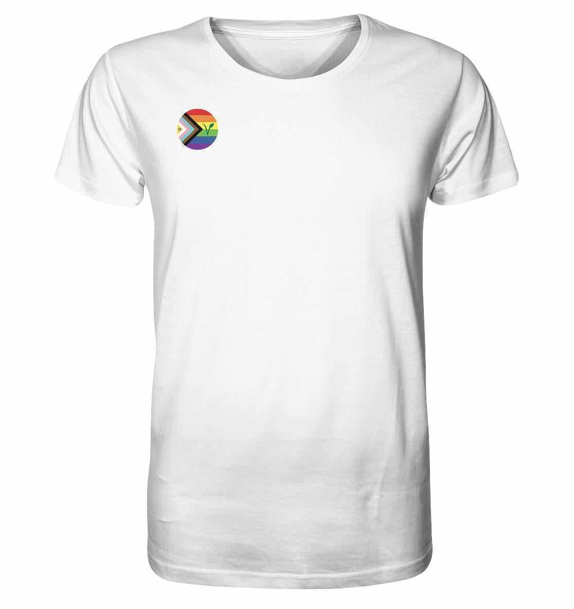Vegan und Bio Unisex Shirt: LGBTQIA+ VEGAN, weißes T-Shirt mit Regenbogen-Logo und veganem Symbol, aus 100% Bio-Baumwolle, normale Passform, feiert Liebe und Nachhaltigkeit.