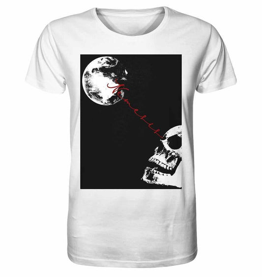 Vegan und Bio Unisex Shirt: Nemesis - Dystopische digitale Collage mit Totenkopf- und Mondmotiv aus Bio-Baumwolle, passend für düstere Mode und umweltbewusste Käufer.