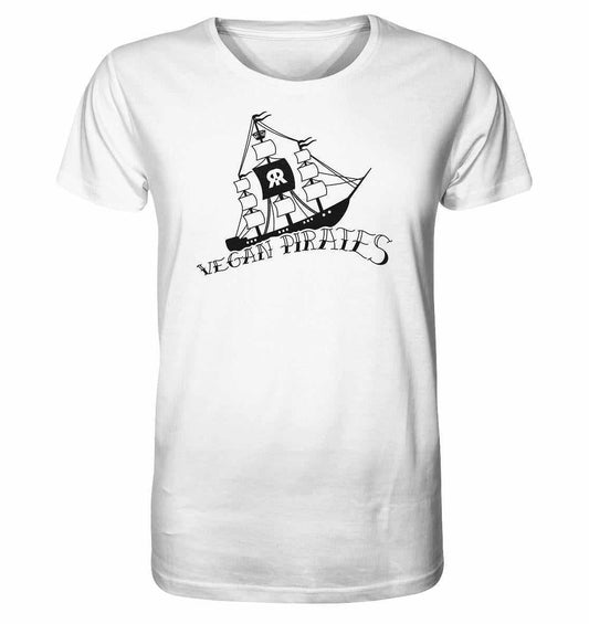 Vegan und Bio Unisex Shirt: Vegan Pirates, weiß, mit Piratenschiff-Illustration, aus 100% Bio-Baumwolle, repräsentiert vegane und nachhaltige Werte der Marke RUDE REBEL.