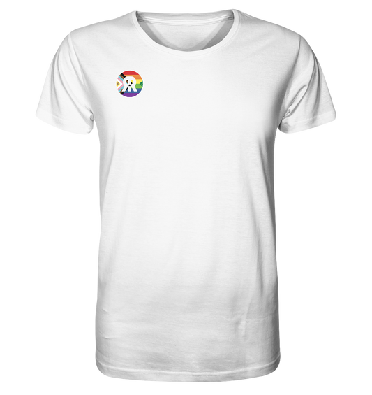 Vegan & Organic Unisex Shirt: LGBTQAI+ VEGAN + RUDE REBEL Skull (Queer Fahne in Kreisform und ein V für Veganismus, mit dem Rude Rebel Logo in der Mitte, Solidarität, Veganismus, LGBTQ Community) in weiß