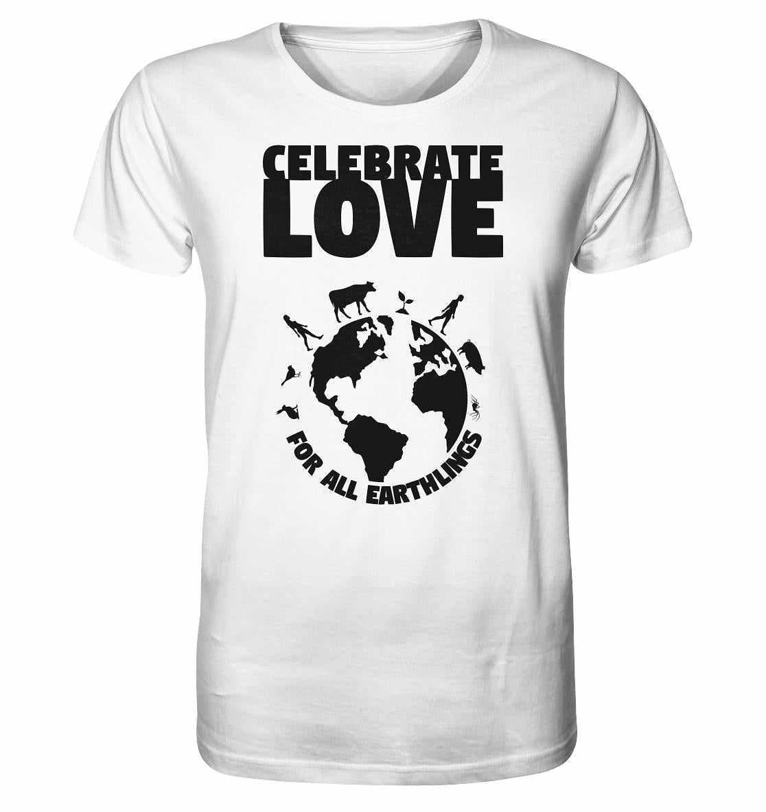 Vegan und Bio Unisex Shirt: Celebrate Love For All Earthlings, zeigt schwarzen Text und eine Weltkugel mit Tieren, auf einem weißen T-Shirt aus Bio-Baumwolle.