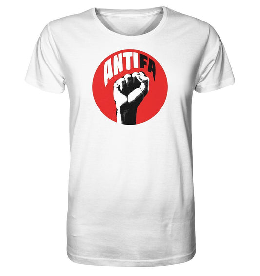 Vegan und Bio Unisex Shirt: Antifa - Kampf gegen Rechts, weiß mit rotem Kreis und erhobener Faust, aus Bio-Baumwolle, normaler Schnitt, für vegane und nachhaltige Mode.
