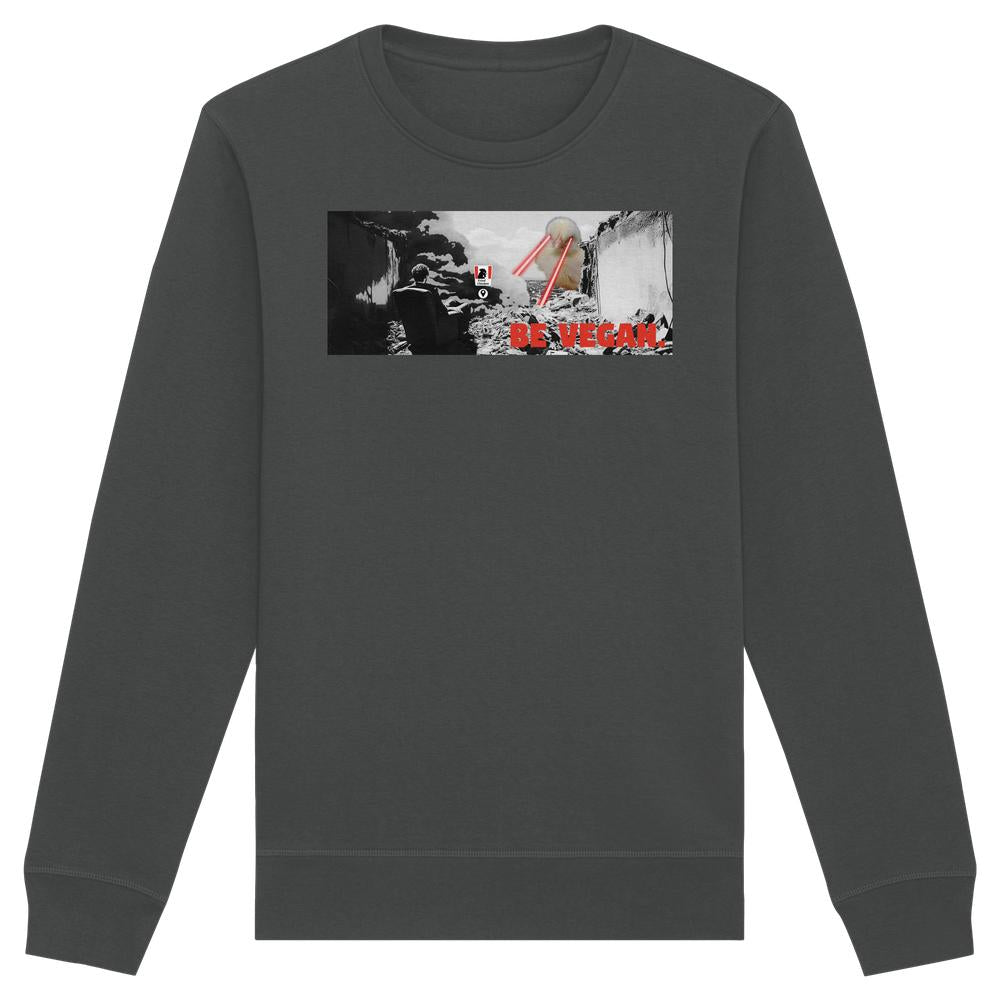 Vegan und Bio Sweatshirt: BE VEGAN. - Angry bird; dunkelgrau mit post-apokalyptischem Print und rotem BE VEGAN-Slogan auf der Brust.