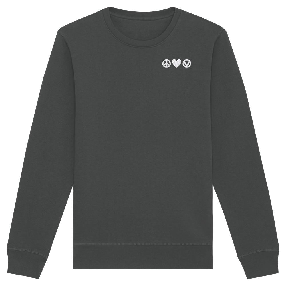 Vegan und Bio Sweatshirt bestickt: Peace - Love - Veganism, dunkelgrau, langärmelig, mit weißen Symbolen für Frieden, Liebe und Veganismus auf der Brust. Normale Passform, Bio-Baumwolle.