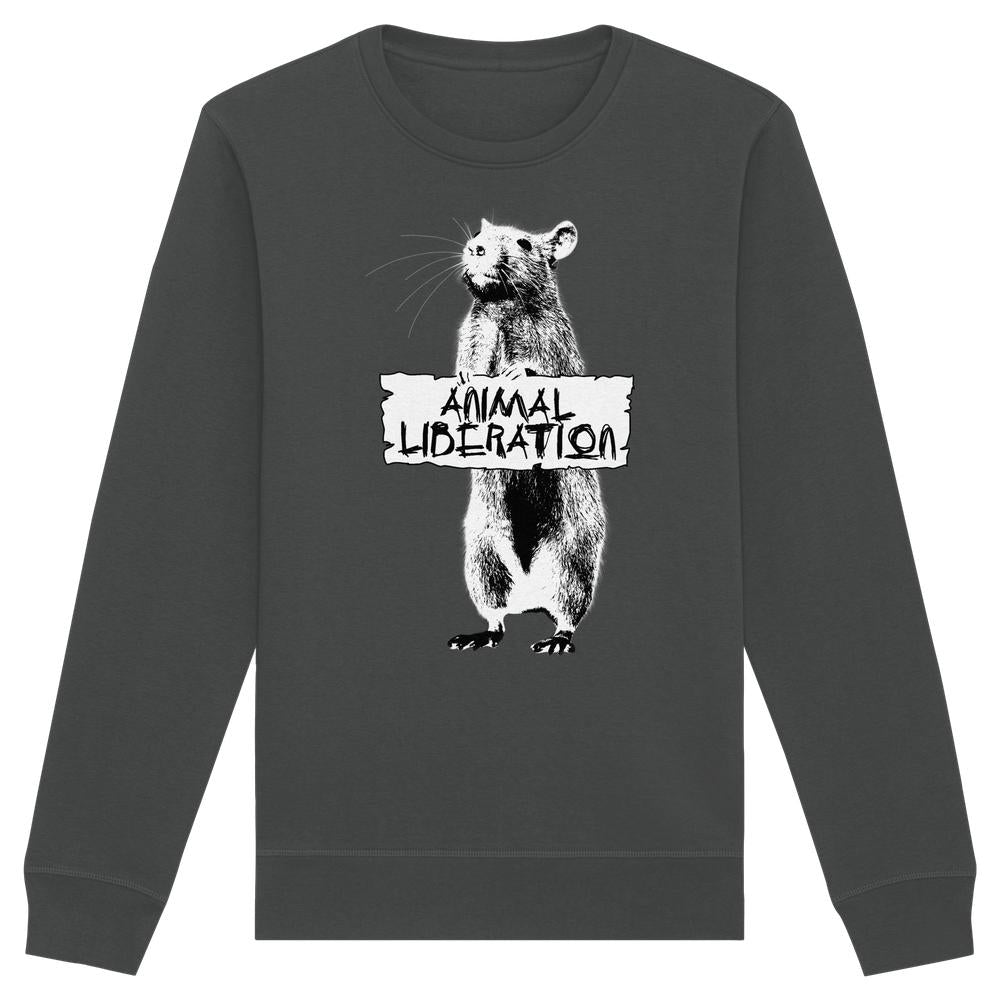 Vegan und Bio Unisex Sweatshirt: Rat for Animal Liberation, dunkelgrau, mit weißem Rattenmotiv und ANIMAL LIBERATION-Schriftzug, inspiriert von Banksy's Street Art, aus Bio-Baumwolle und recyceltem Polyester.