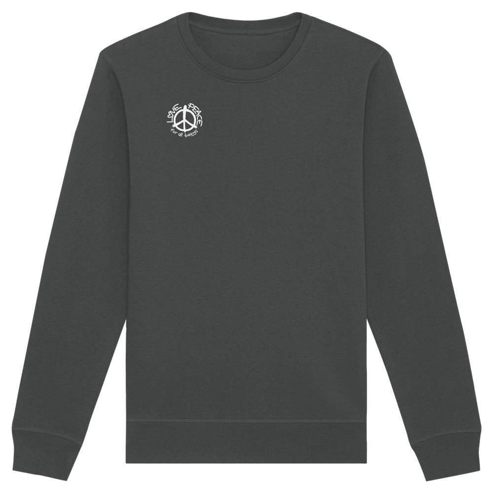 Vegan und Bio Unisex Sweatshirt mit Friedenszeichen-Design und Botschaft LOVE and PEACE for all beings, aus Bio-Baumwolle und recyceltem Polyester, normale Passform.