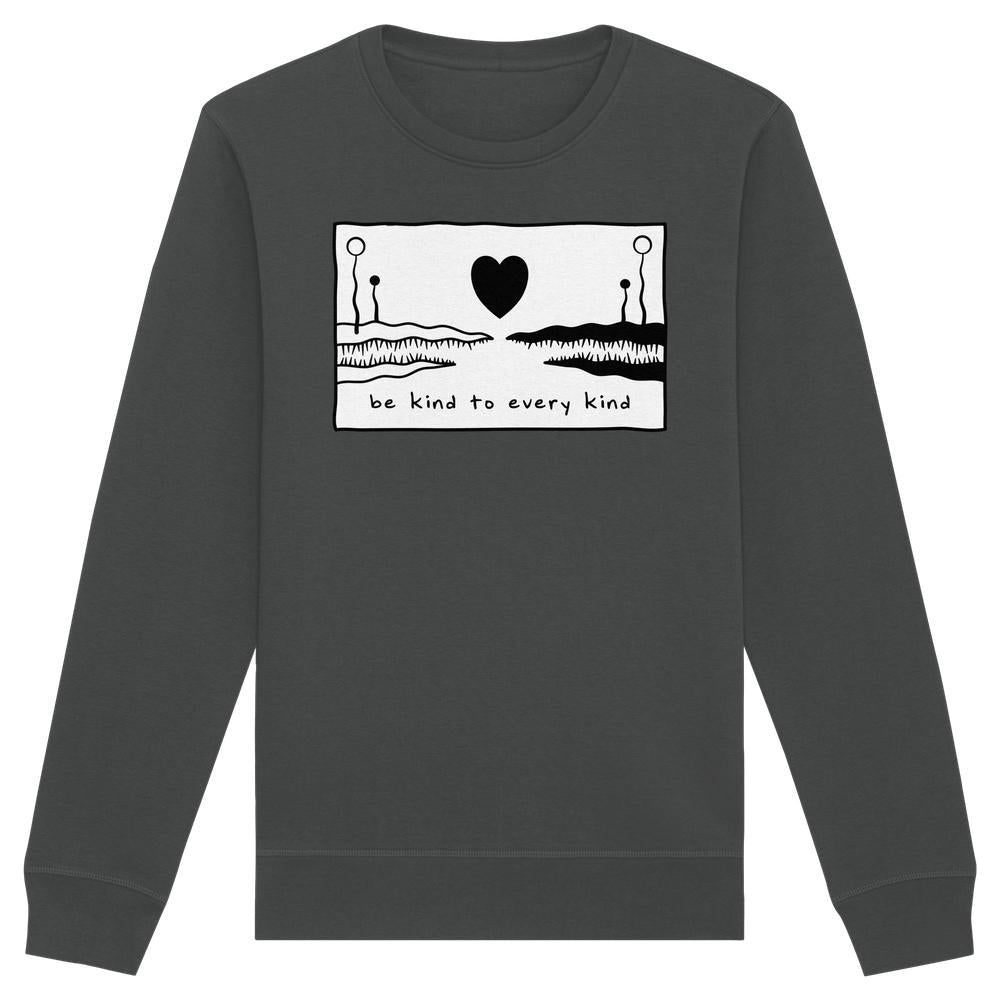 Vegan und Bio Unisex Sweatshirt: Be kind to every kind mit abstraktem Landschafts- und Herzmotiv, normaler Passform, aus Bio-Baumwolle und recyceltem Polyester.