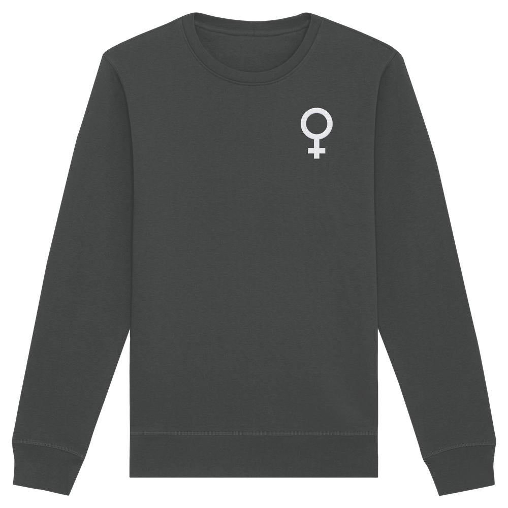 Dunkelgraues Bio-Sweatshirt mit Venus-Symbol, repräsentiert feministische Werte. Langlebig, vegan, aus Bio-Baumwolle und recyceltem Polyester von RUDE REBEL.