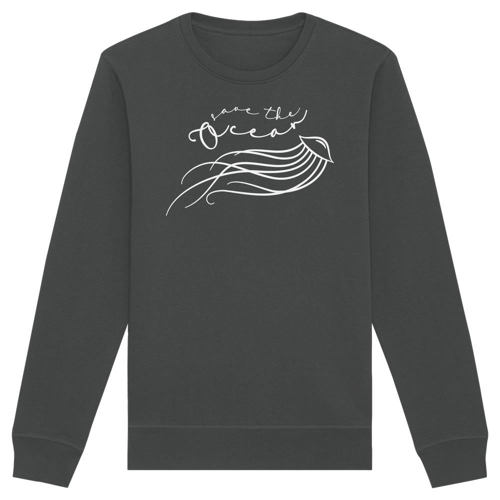 Vegan und Bio Unisex Sweatshirt: Jellyfish - Save the Ocean, mit minimalistischer Quallenzeichnung und Botschaft, nachhaltig aus Biobaumwolle und recyceltem Polyester von RUDE REBEL.