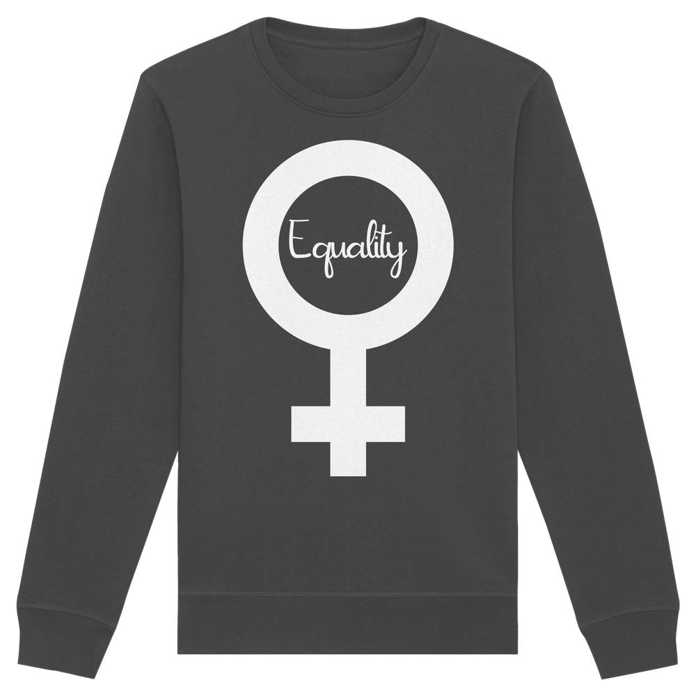 Vegan und Bio Unisex Sweatshirt mit großem Venus-Symbol und Equality-Schriftzug, aus nachhaltiger Bio-Baumwolle und recyceltem Polyester, normaler Schnitt. Ideal für Gleichberechtigungsbefürworter.