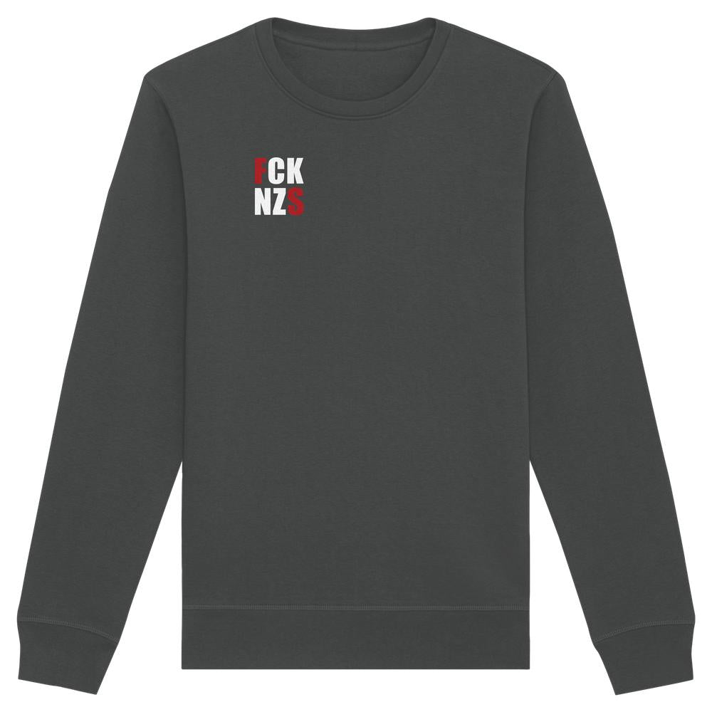 Vegan und Bio Unisex Sweatshirt: FCK NZS mit roten Highlights, dunkelgrau, langarm, Crewneck, normaler Schnitt, aus Bio-Baumwolle und recyceltem Polyester, rebellisches Design.