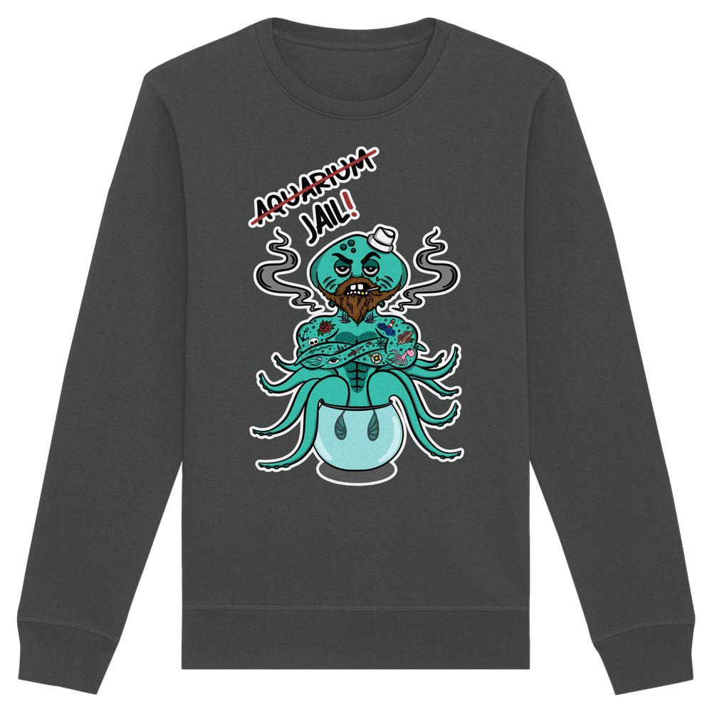 Vegan und Bio Unisex Sweatshirt mit Cartoon-Oktopus und Aquarium=Jail!-Aufdruck, aus Bio-Baumwolle und recyceltem Polyester, thematisiert Tierrechte und Naturschutz.