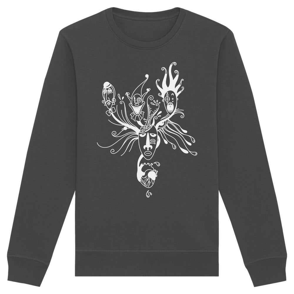 Vegan und Bio Unisex Sweatshirt: Mental Health - Behind the Mask. Dunkelgrauer Pullover mit weißem, surrealem Grafikdruck aus menschlichen Masken, organischen Formen und anatomischem Herzmotiv.