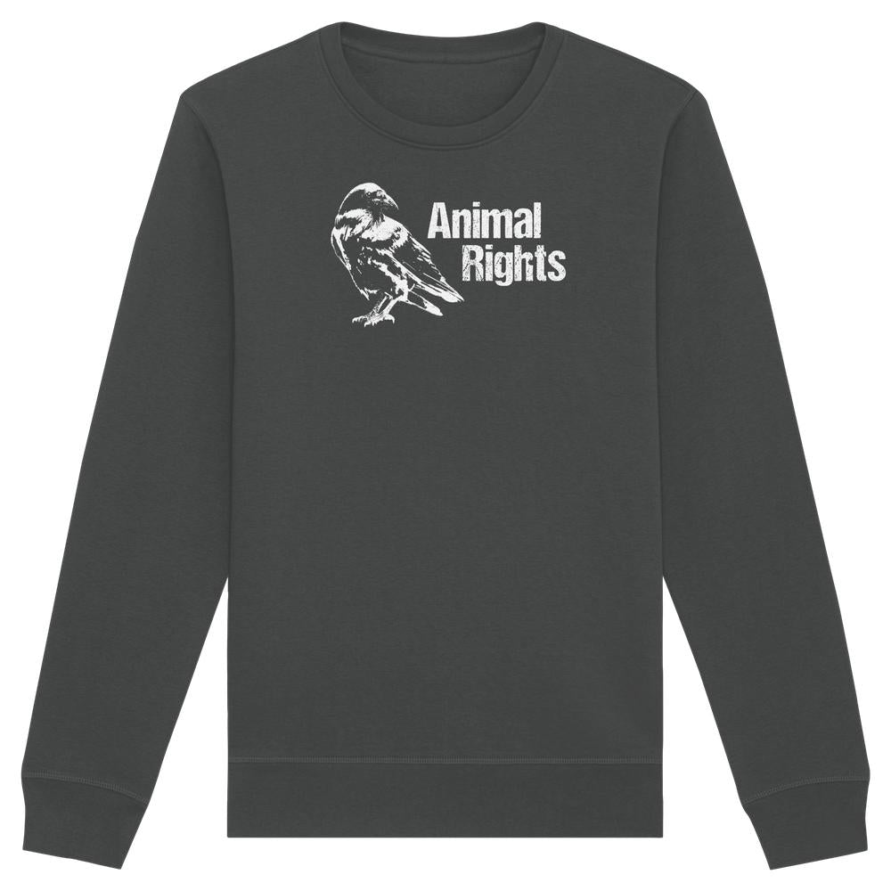 Unisex Sweatshirt mit „Animal Rights“-Aufdruck und Vogelmotiv. Hergestellt aus Bio-Baumwolle und recyceltem Polyester, normaler Schnitt. Veganes Design von RUDE REBEL.