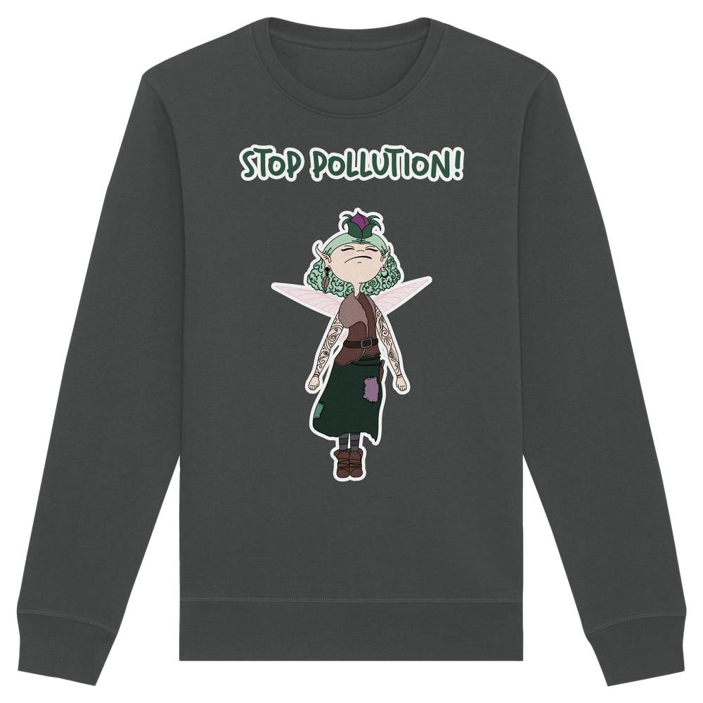 Vegan und Bio Unisex Sweatshirt: STOP POLLUTION! - Krawall Fee, zeigt eine Fee mit mintgrünen Haaren und Tattoos, ruft zum Umweltschutz auf.