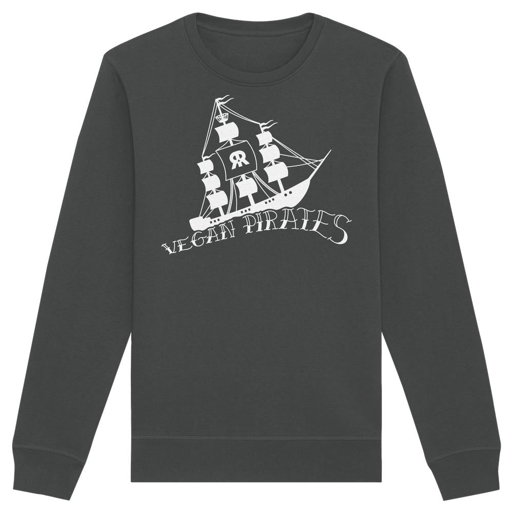 Vegan und Bio Unisex Sweatshirt: Vegan Pirates, dunkelgrau mit weißem Piratenschiff und RR-Emblem, aus Bio-Baumwolle und recyceltem Polyester, rebellisches Design von RUDE REBEL.