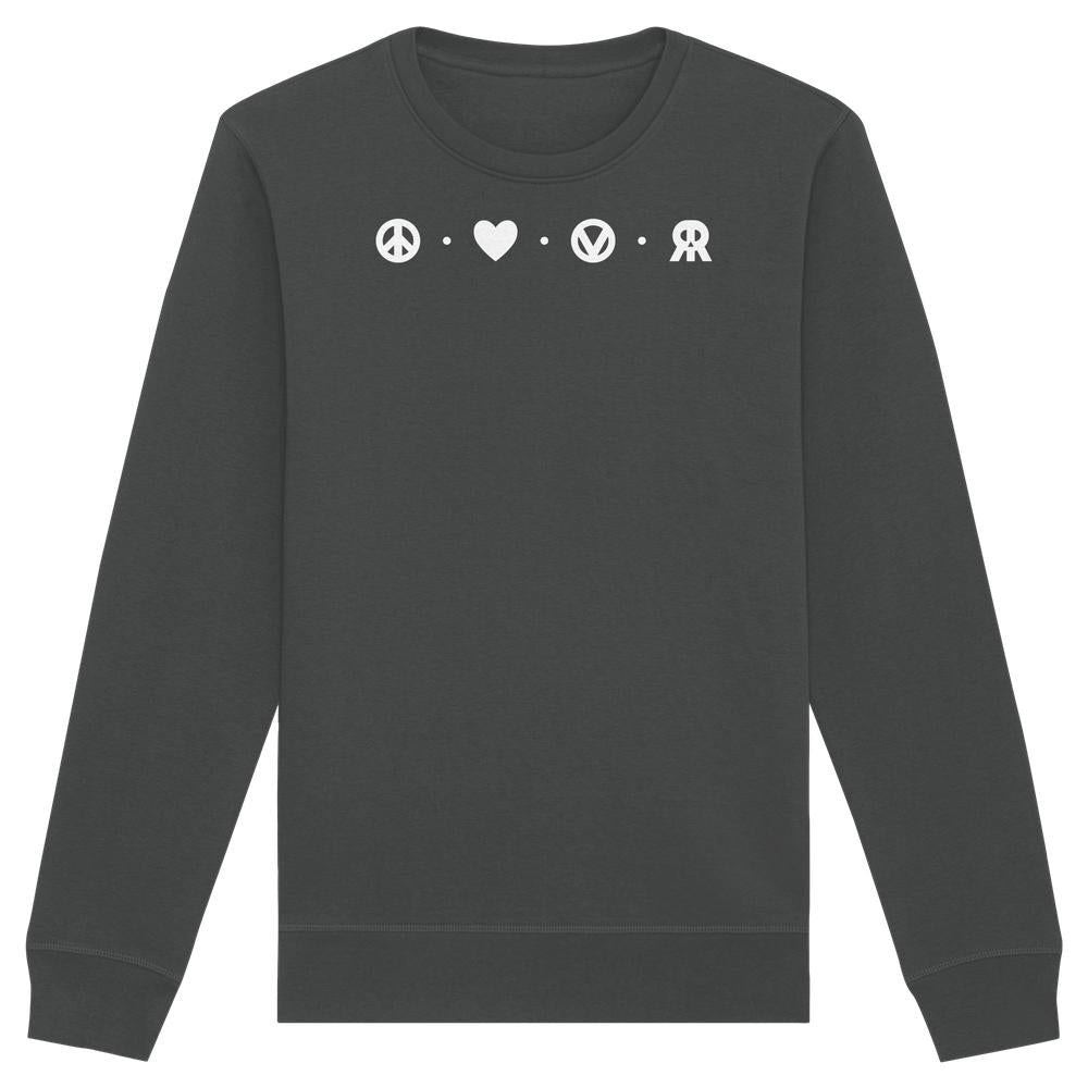 Vegan und Bio Unisex Sweatshirt: Peace - Love - Veganism - RUDE REBEL, dunkelgrau mit Friedenszeichen, Herz, Vegan-Symbol und doppeltem R Logo, aus Bio-Baumwolle und recyceltem Polyester.