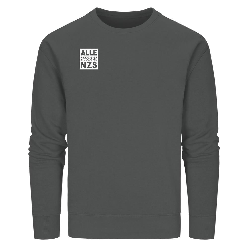 Vegan und Bio Unisex Sweatshirt: ALLE HASSEN NZS! Dunkelgraues Sweatshirt mit kleinem, weißem Logo auf der Brust, 85% Bio-Baumwolle, 15% recyceltes Polyester.