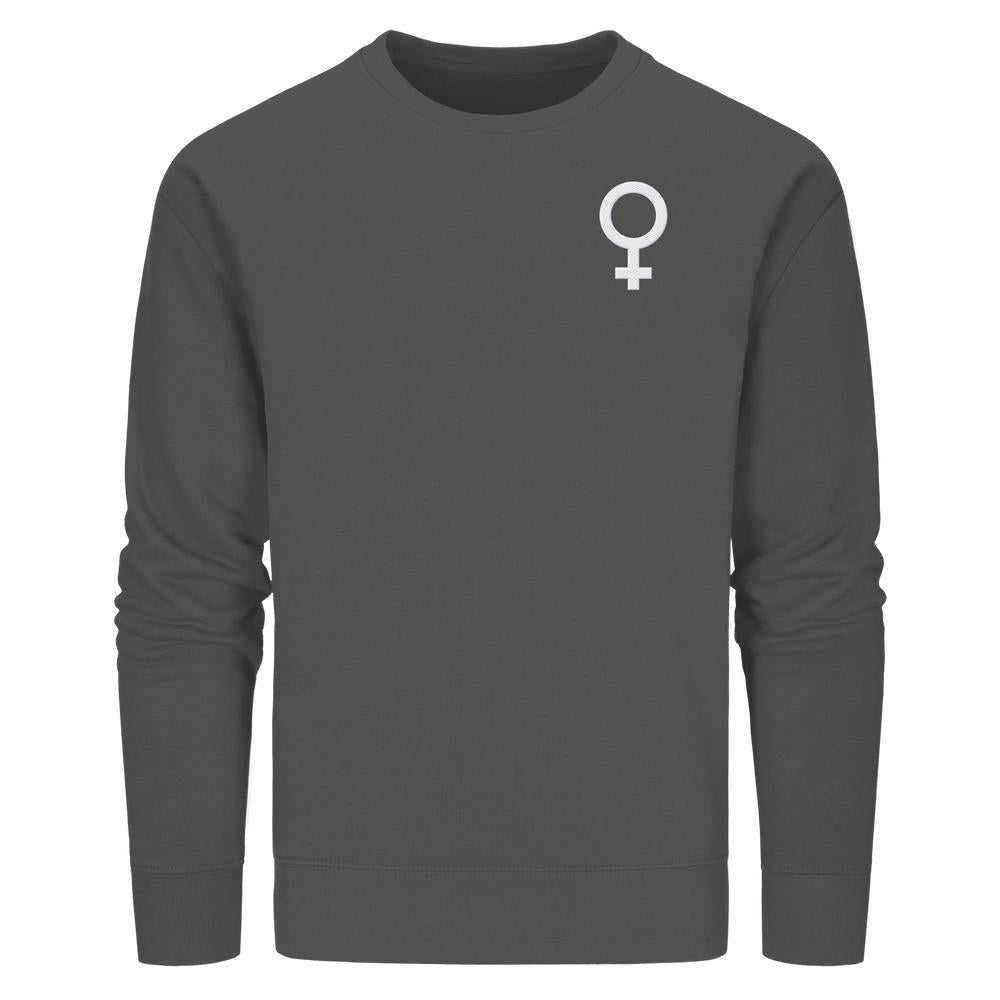 Dunkelgraues Bio-Sweatshirt mit weißem Venus-Symbol auf der Brust, lange Ärmel, gerippte Bündchen, feministisch inspiriertes Design aus Bio-Baumwolle und recyceltem Polyester.