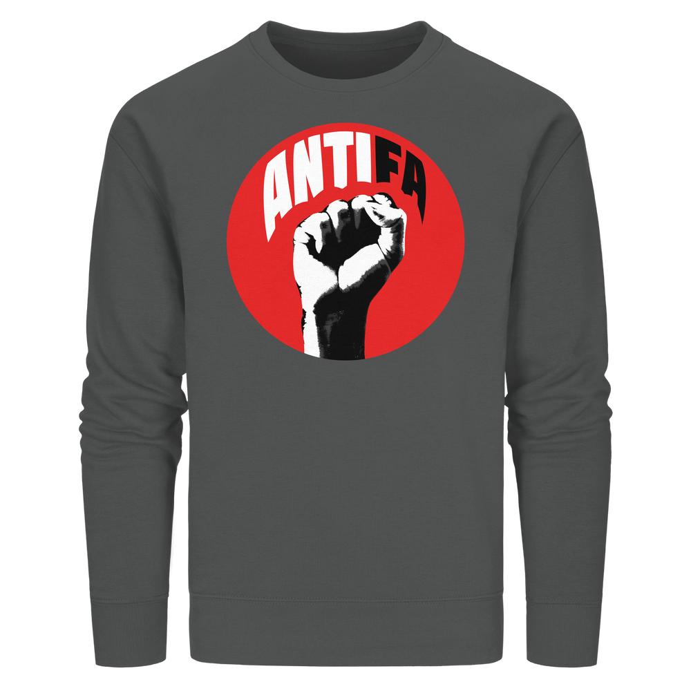 Vegan und Bio Unisex Sweatshirt: Antifa - Kampf gegen Rechts, dunkelgrau, mit rotem Kreis und schwarzer Faust, symbolisiert Widerstand gegen Faschismus und fördert Liebe, Freiheit und Demokratie.