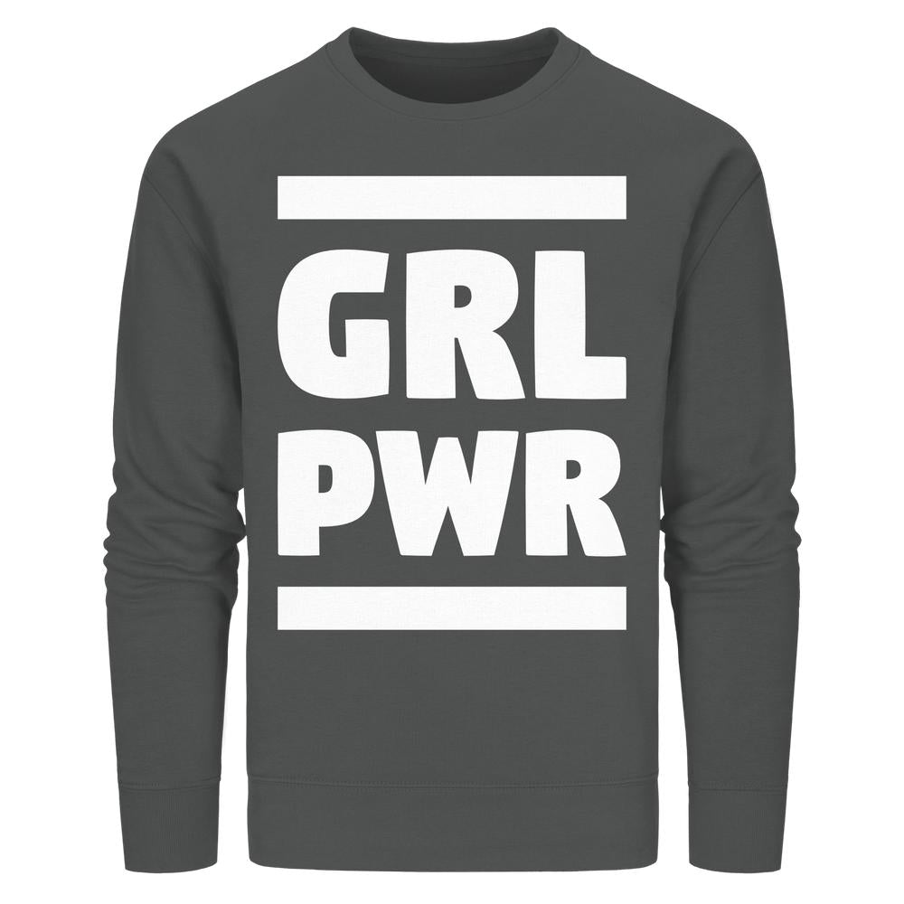 Dunkelgraues Unisex-Bio-Sweatshirt mit GRL PWR-Grafik in Weiß, verkörpert feministische Botschaft, hergestellt aus Bio-Baumwolle und recyceltem Polyester.