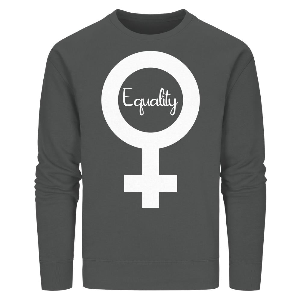 Unisex-Sweatshirt aus Bio-Baumwolle, zeigt ein großes Venus-Symbol mit Equality in Handschrift, symbolisiert den feministischen Kampf um Gleichberechtigung.