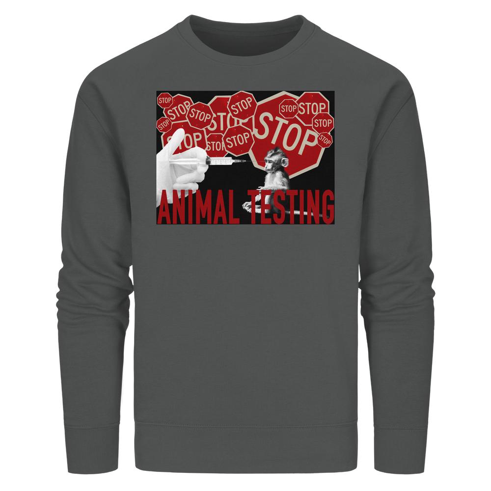 Dunkelgrauer Unisex-Hoodie mit Grafik STOP ANIMAL TESTING: Spritze, Affe, rote Stoppschilder. Aus Bio-Baumwolle und recyceltem Polyester, rebellisches Design von RUDE REBEL.
