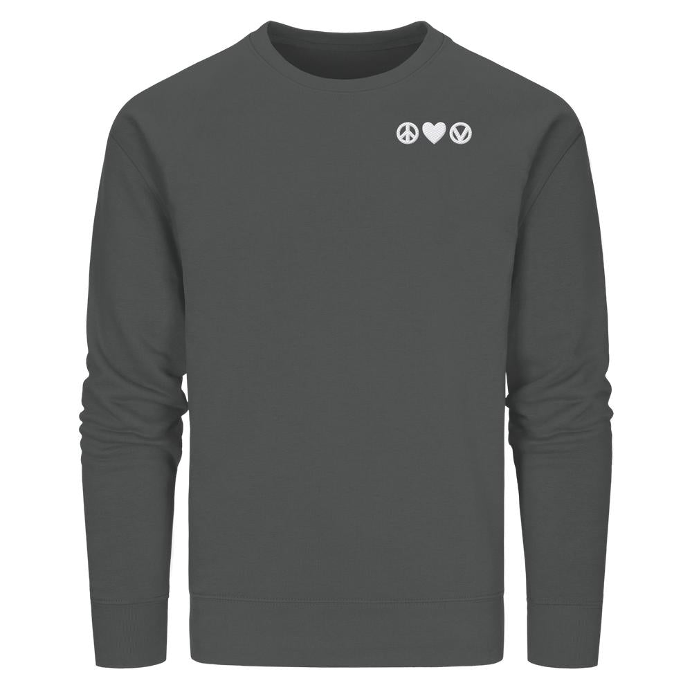 Vegan und Bio Sweatshirt bestickt: Peace - Love - Veganism, dunkelgrau, mit drei Symbolen (Frieden, Herz, Vegan) auf der Brust, aus Bio-Baumwolle und recyceltem Polyester.