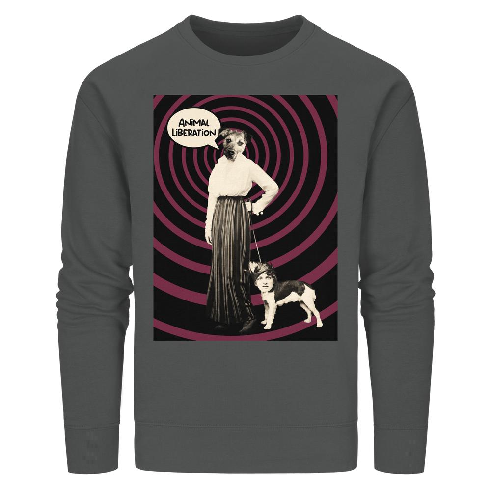 Vegan und Bio Unisex Sweatshirt: Dunkelgraues Sweatshirt mit surrealem Collage-Design, zeigt um die Jahrhundertwende gekleidete Figur mit Hundekopf, hält Hund mit Menschenkopf, Text: ANIMAL LIBERATION.