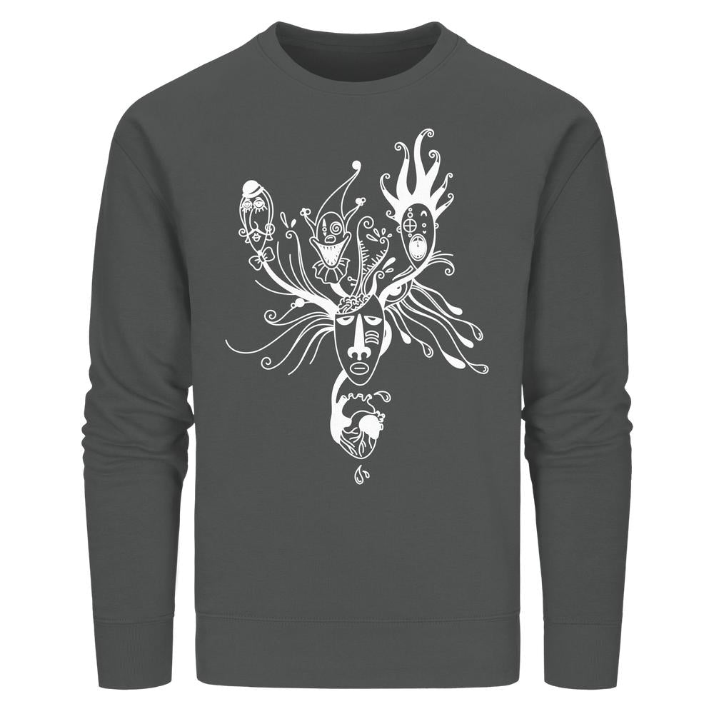 Vegan und Bio Unisex Sweatshirt mit surrealem Grafikdesign: Maske und Herz. Nachhaltige Materialien, normale Passform, Thema mentale Gesundheit und Selbstreflexion.