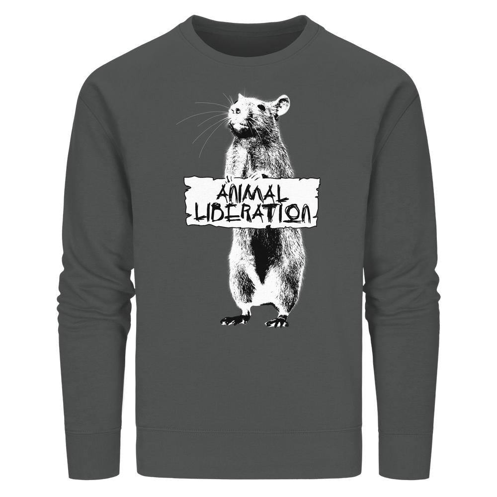 Vegan und Bio Unisex Sweatshirt: Rat for Animal Liberation mit Rattenmotiv und ANIMAL LIBERATION-Schriftzug, inspiriert von Banksy, auf dunkelgrauem, nachhaltigem Sweatshirt aus Bio-Baumwolle und recyceltem Polyester.