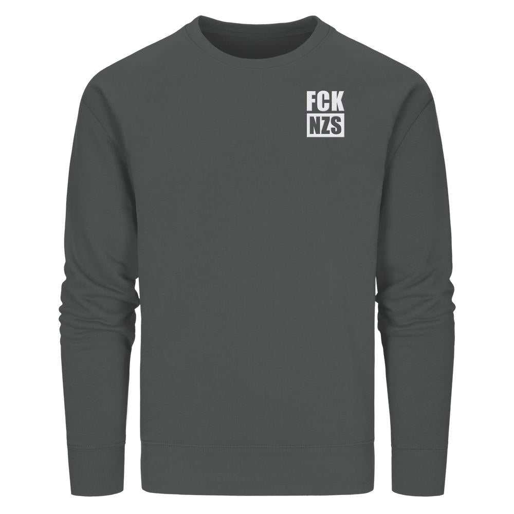 Vegan und Bio Sweatshirt bestickt: FCK NZS - Dunkelgraues Unisex-Sweatshirt mit weißem Print, normaler Passform, aus Bio-Baumwolle und recyceltem Polyester hergestellt.
