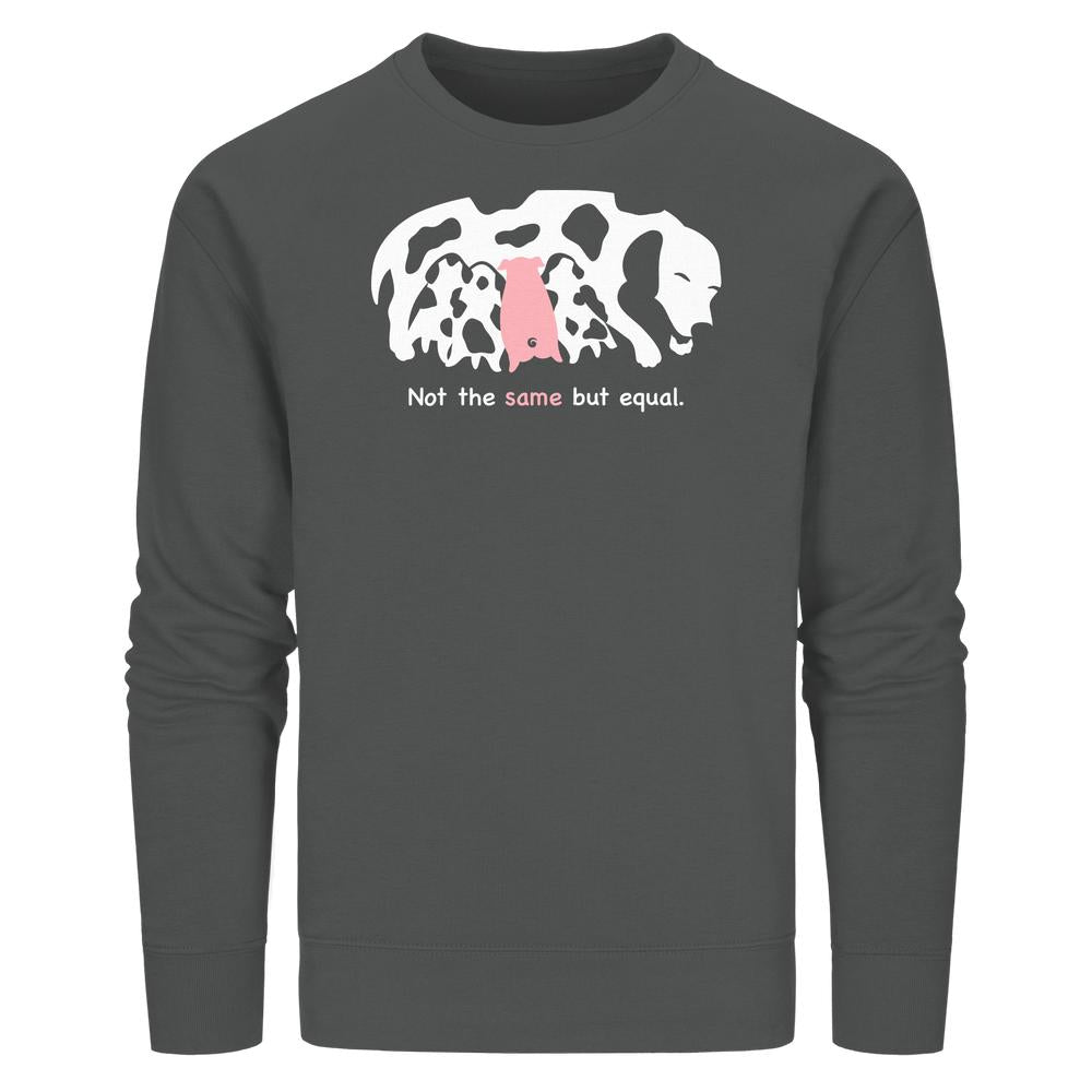 Vegan und Bio Unisex Sweatshirt: Animal equality, dunkelgrau, mit weißem Hundesilhouette-Design, das ein rosa Schwein zeigt, und dem Schriftzug Nicht gleich, aber gleichwertig.