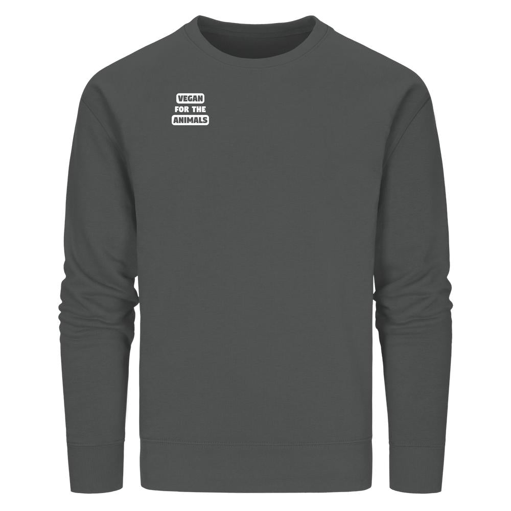 Vegan und Bio Unisex Sweatshirt: VEGAN FOR THE ANIMALS, langärmlig mit Rundhalsausschnitt, Aufdruck links auf der Brust, aus Bio-Baumwolle und recyceltem Polyester.